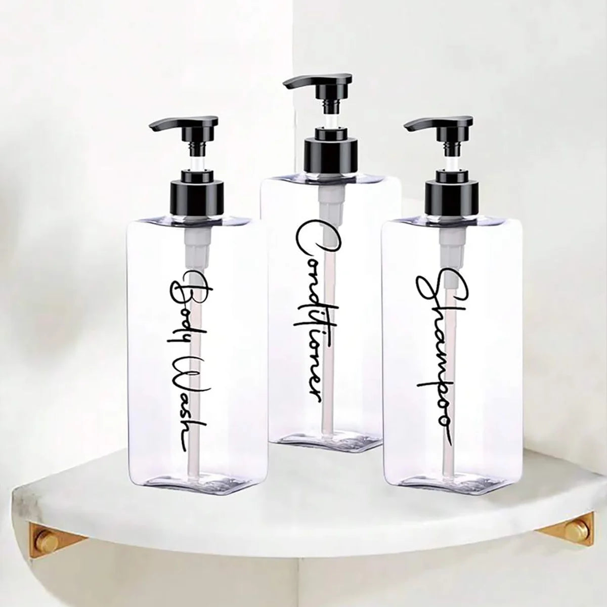 3 Transparent Square Refillable Shampoo and Conditioner Dispensers, 400ml Each, with 3 Waterproof Labels Peaceful Pleasures Health and Wellness