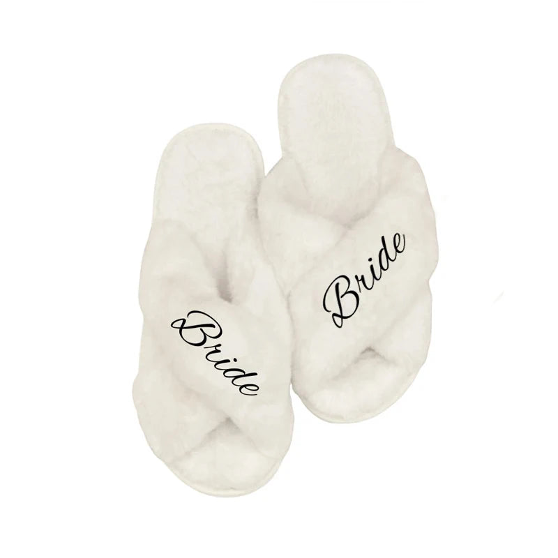 Bride Fluffy Cross Slippers | Bridal Shower & Wedding Gift Bridal Slippers Peaceful Pleasures Health and Wellness white L