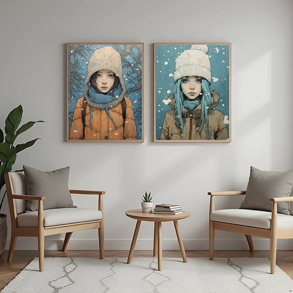 Nordic Winter Portrait Wall Art, Watercolor Girl Canvas Painting, Snowy Season Poster Print for Bedroom Living Room Décor Peaceful Pleasures Health and Wellness