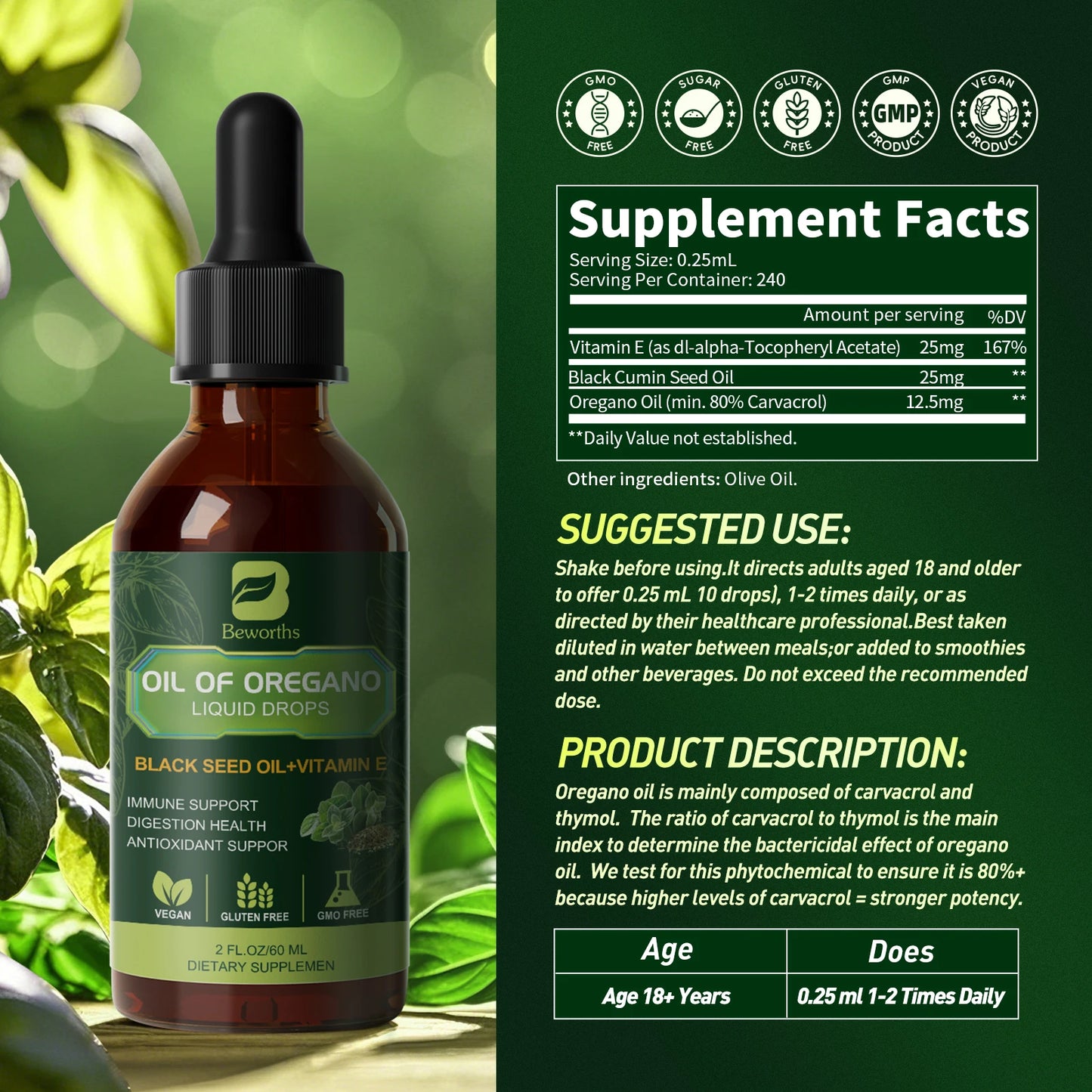 Oregano Oil Drops with Black Seed Oil & Vitamin E Peaceful Pleasures Health and Wellness