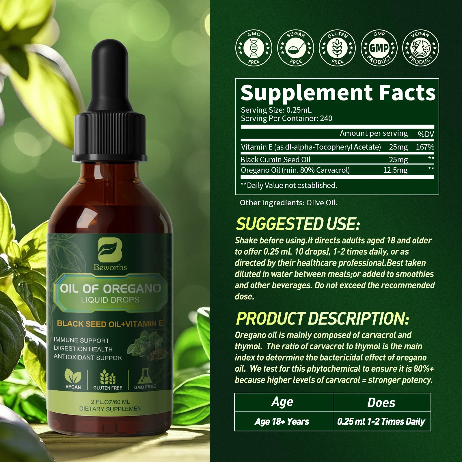 Oregano Oil Drops with Black Seed Oil & Vitamin E Peaceful Pleasures Health and Wellness