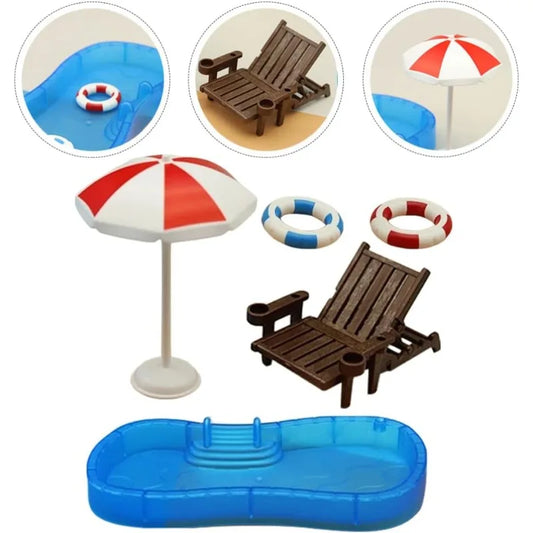 Beach Miniature Dollhouse Set – Umbrella, Chair, Pool & Rings Dollhouse Accessory Set Peaceful Pleasures Health and Wellness