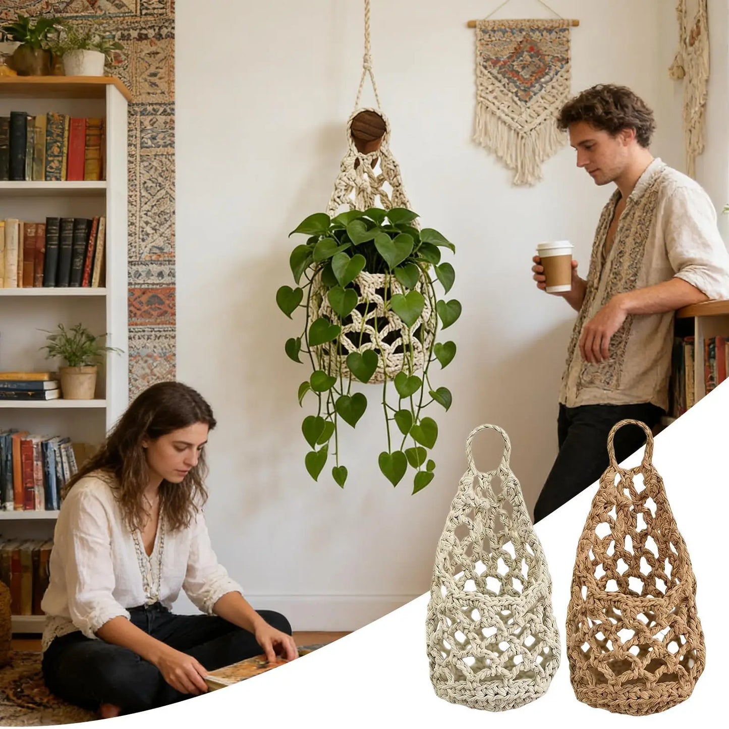 Boho Macrame Plant Hanger | Cotton Rope Woven Hanging Basket