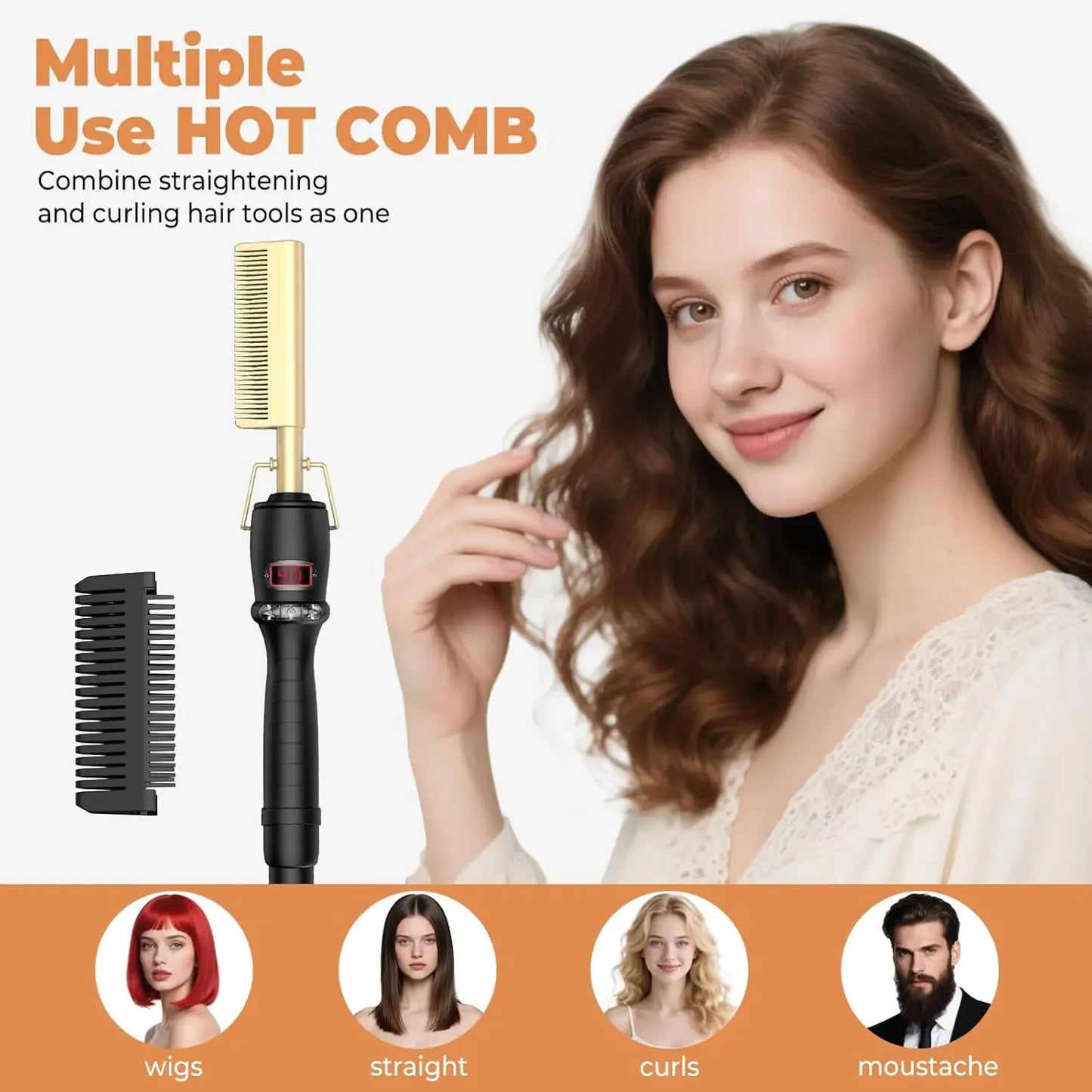 2 In1 Hair Straightener Comb Electric Heating Comb Fast Heating Portable Travel Anti-Scald Beard Straightening 450℉ Hot Comb Peaceful Pleasures Health and Wellness