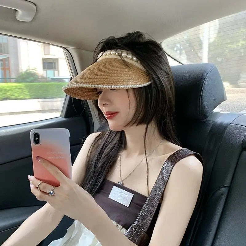 Women's Wide Brim Pearl Straw Sun Hat – Elegant Beach Cap