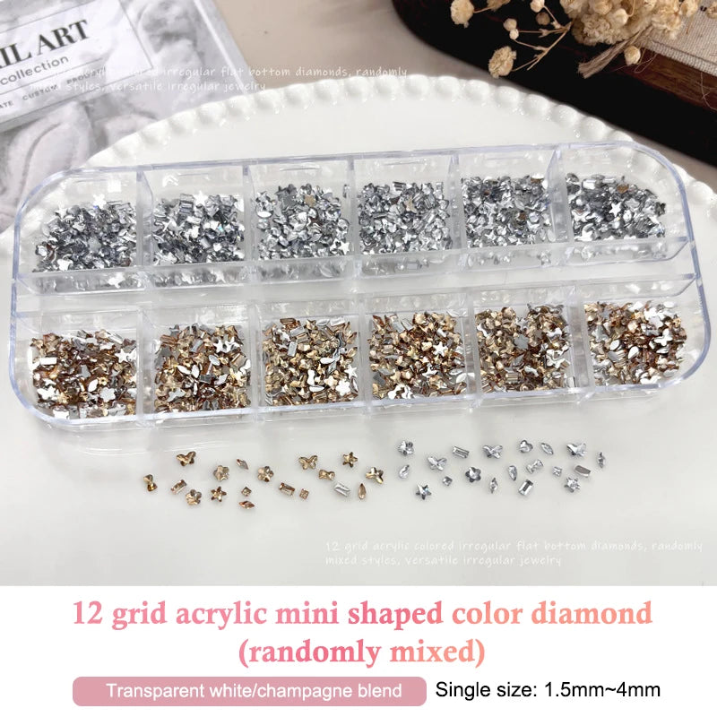 12 Grids Mix 3D Flatback Nail Rhinestones Mini Crystal Diamonds Nail Art Glitter Charm DIY Manicure Decor Accessories Peaceful Pleasures Health and Wellness A2