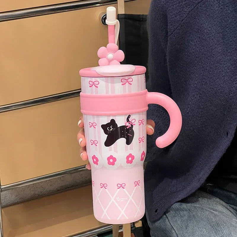 Tumbler with Handle Lid Straw Cute Cat Thermos Cup Stainless Steel Water Bottle Outdoor Travel Coffee Mug Gift Large Capacity Peaceful Pleasures Health and Wellness Pink 1200ml
