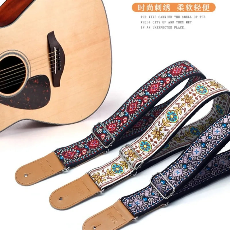 Guitar Strap Embroidered Belt Adjustable Jacquard Band Cotton Leather