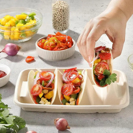 20-Pack Disposable 3-Compartment Taco Plates | Eco Tray Holder Disposable Taco Plates Peaceful Pleasures Health and Wellness