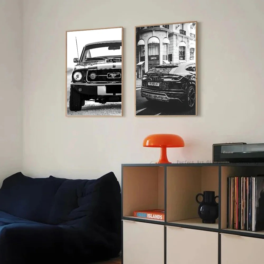 1PC Simple Black And White Luxury Car Poster Home Living Room Bar Restaurant Art Decoration Painting Peaceful Pleasures Health and Wellness