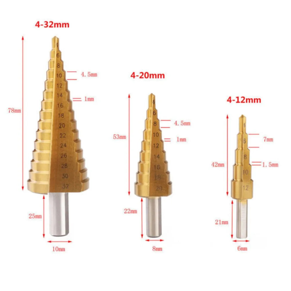 Step Cone Drill Bit Set – 4-12, 4-20 & 4-32mm Steel Cutter