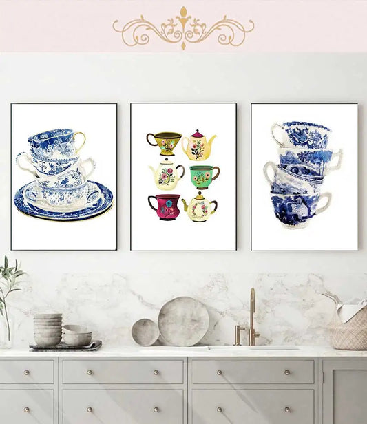 Vintage Teacup Watercolor Art Print, Blue Willow Chinese Teacup Oil Painting Mural Poster for Home Decor Peaceful Pleasures Health and Wellness