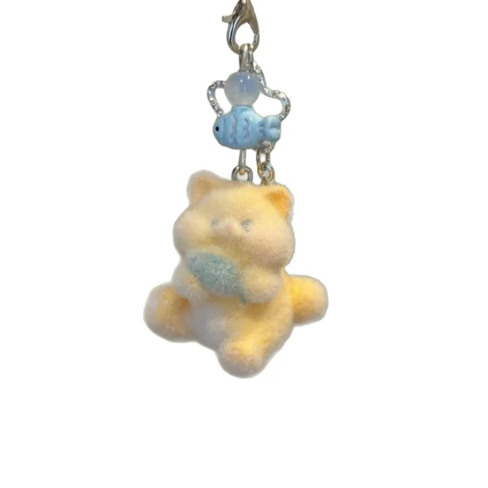 Cute Cartoon Cat Eating Fish Plush Pendant Flocking Keychain Girlish Heart Bag Charm Lovely Dolls Hanging Accessory Decoration Peaceful Pleasures Health and Wellness