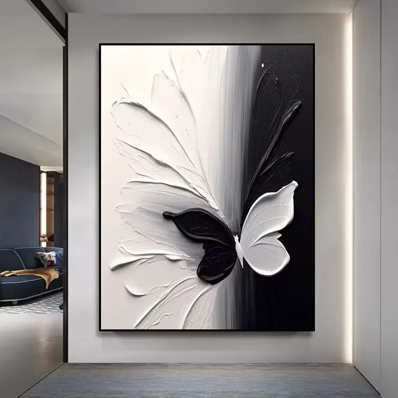 Beautiful Picture For Home Decoration Texture Oil Painting Handmade White And Black Butterfly Wall Art Poster For Living Room Peaceful Pleasures Health and Wellness No frame 80cmx160cm