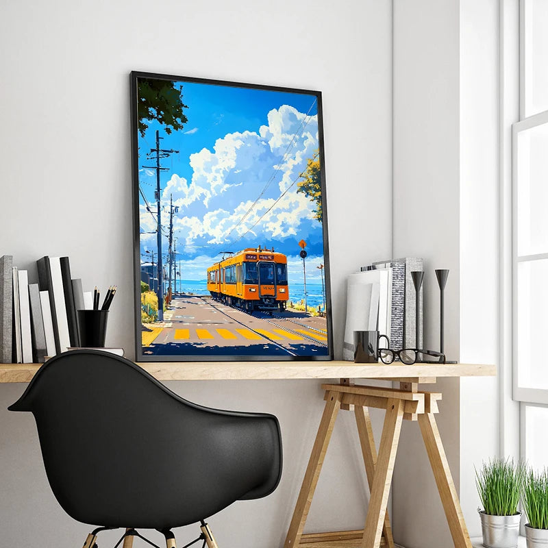 Japanese Anime Landscape Canvas Print | Tram Train Ocean Wall Art Canvas Wall Art Print Peaceful Pleasures Health and Wellness