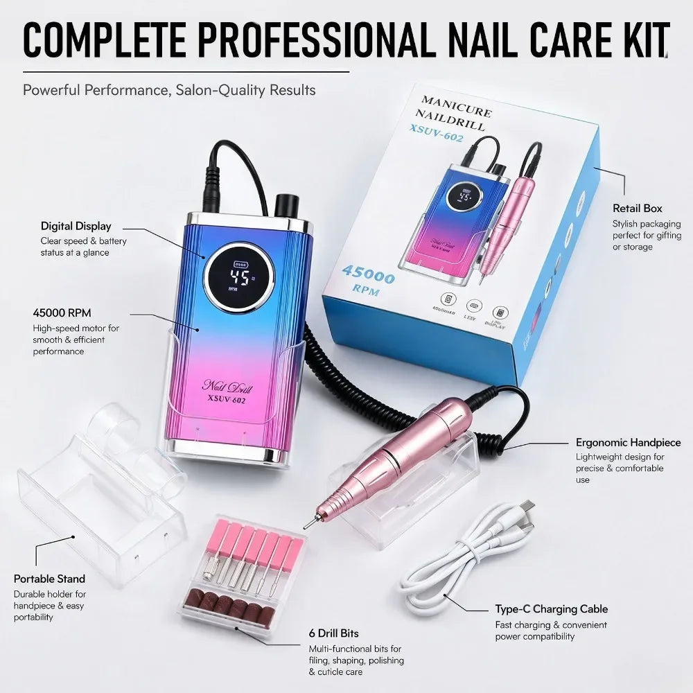 45,000 RPM Rechargeable Electric Nail Drill | Gel Polish Remover