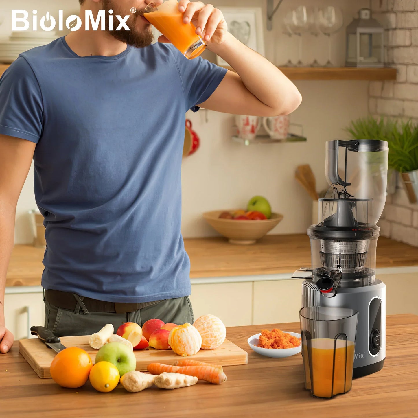 BioloMix Cold Press Juicer – 75mm Feed Chute, 200W, Quiet Motor Juicer BioloMix