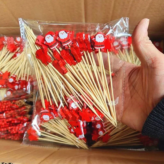 50 Christmas Fruit Sticks Per Set Disposable Bamboo Sticks Snowflake Christmas Trees Santa Claus Fruit Sticks Peaceful Pleasures Health and Wellness Santa Claus