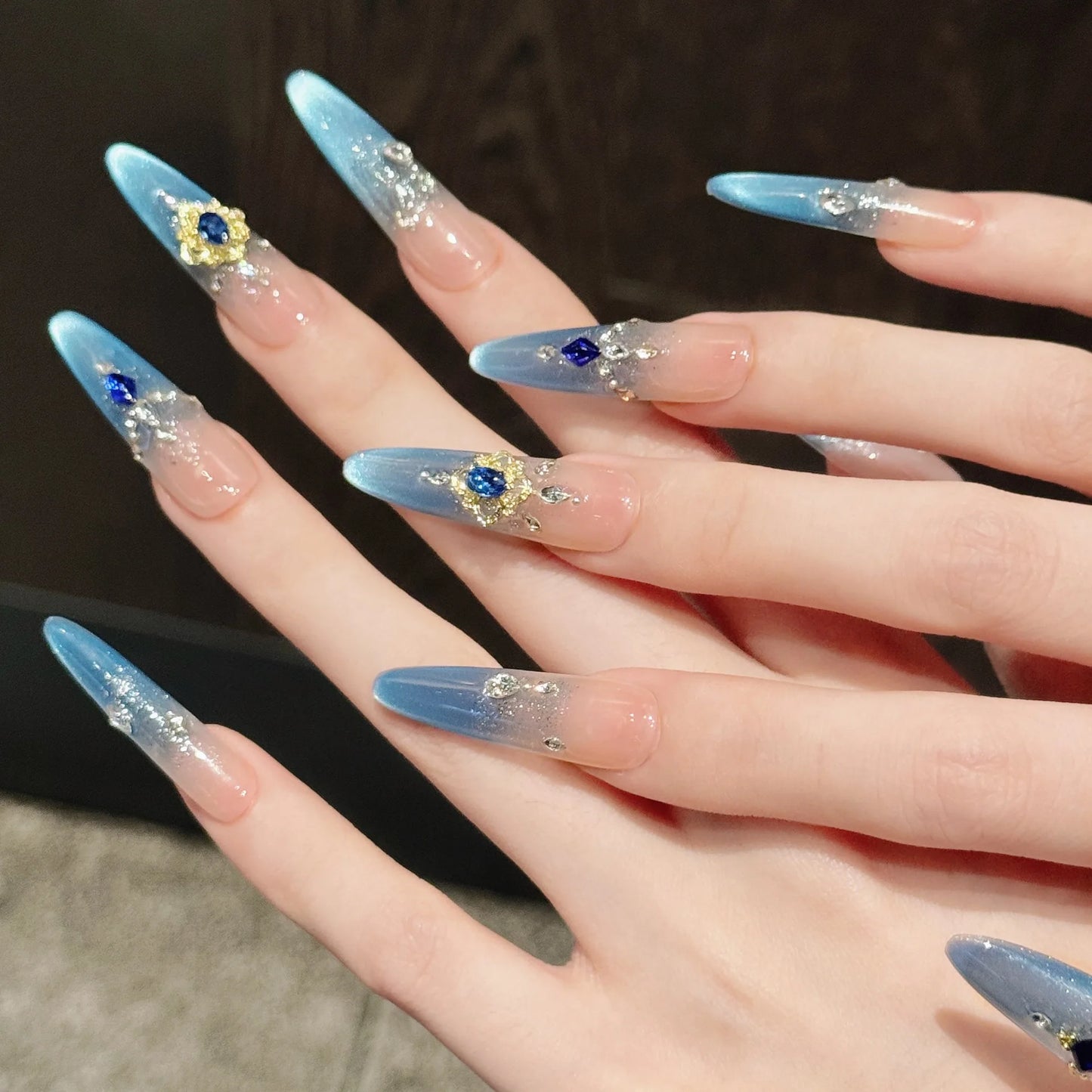 10PCS Handmade Press on Nails Light Luxury Fake Nails Ice Blue Cat Eye French Tip Wearable Flash Diamond Decor Almond False Nail Peaceful Pleasures Health and Wellness XS 1