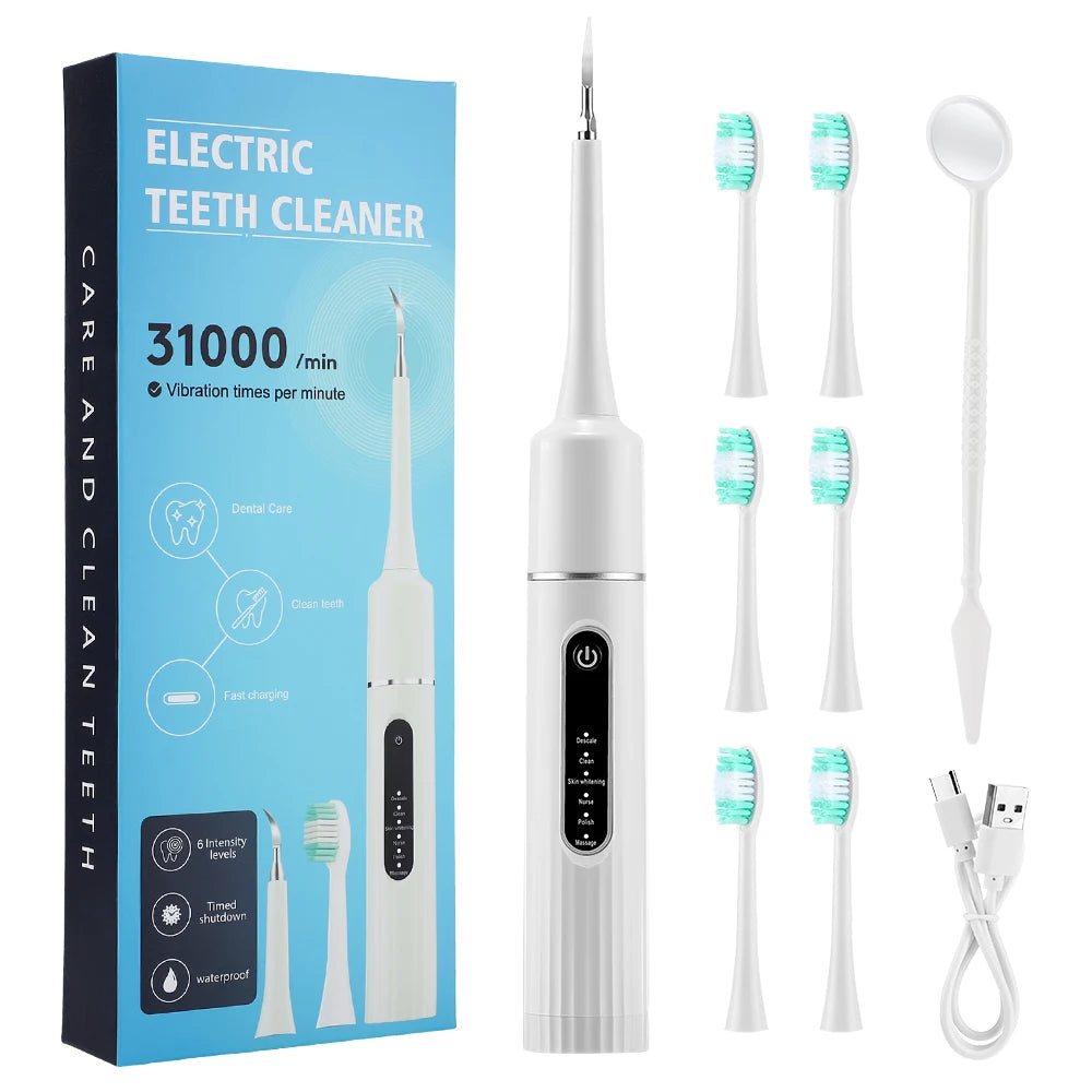 Electric Teeth Cleaner Remove Tartar Plaque Calculus and Tooth Stains Dental Teeth Whitening Kits With 6 Toothbrush Heads Home Peaceful Pleasures Health and Wellness 6 heads White