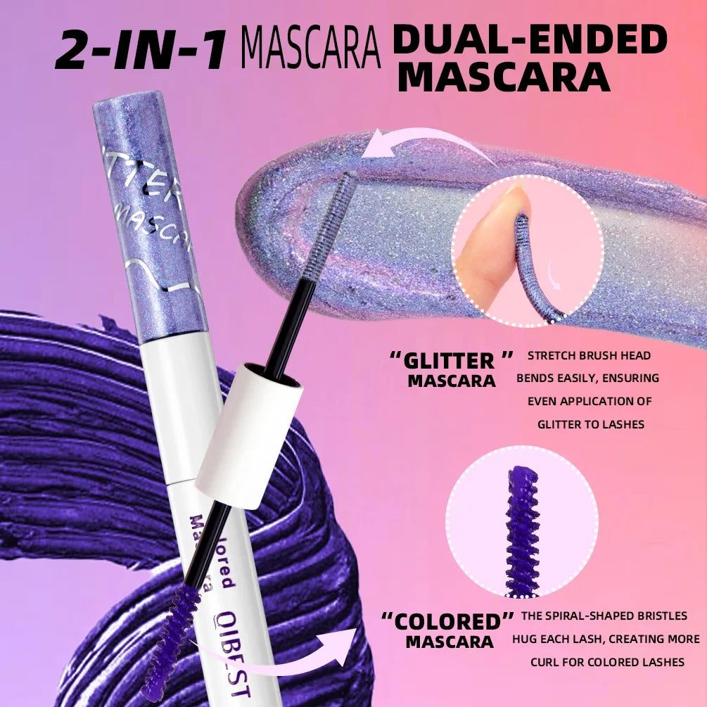 QIBEST Double Ended Colorful Mascara Eyelashes Extension Thick Curling Quick Dry Long Lasting Blue Purple White Glitter Mascara Peaceful Pleasures Health and Wellness