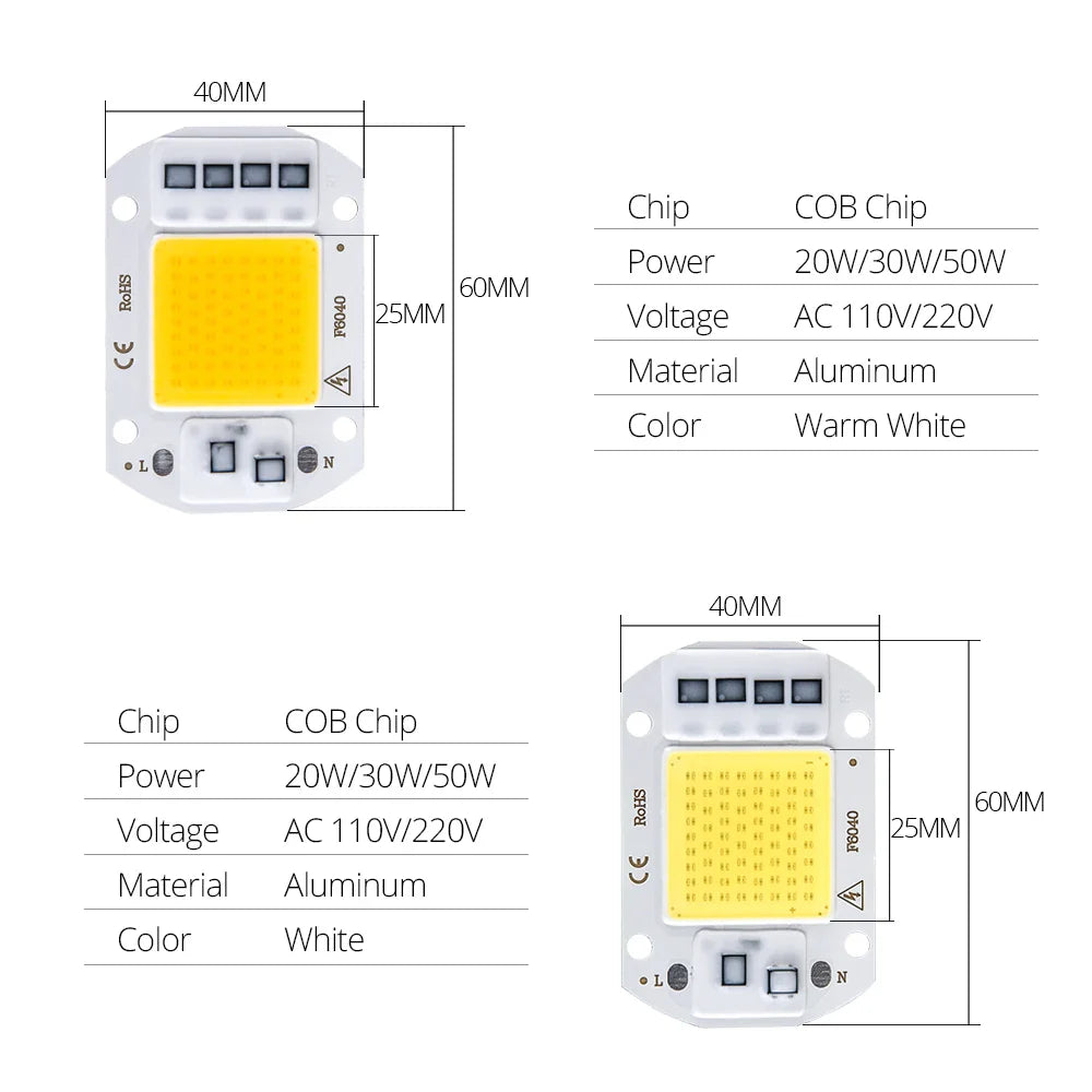 COB LED Chip 20W 30W 50W AC 110V/220V No Driver DIY Flood Light