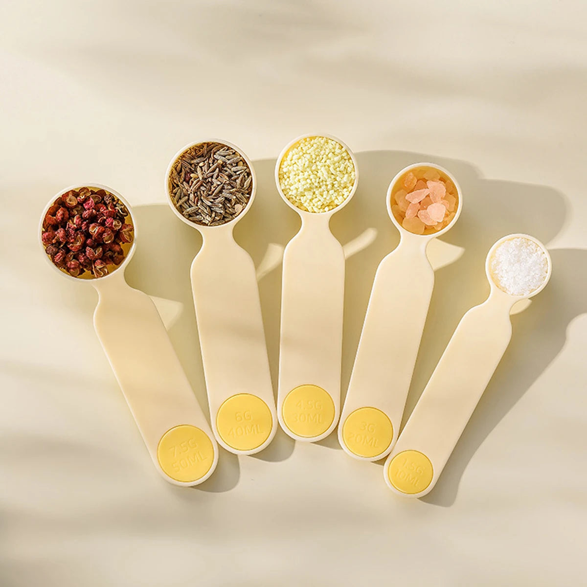 5Pcs Stacking Mini Measuring Spoon Set Portable with Scale Kitchen Measuring Spoon Plastic Quantitative Spoon Coffee Sugar Scoop Peaceful Pleasures Health and Wellness Milk yellow
