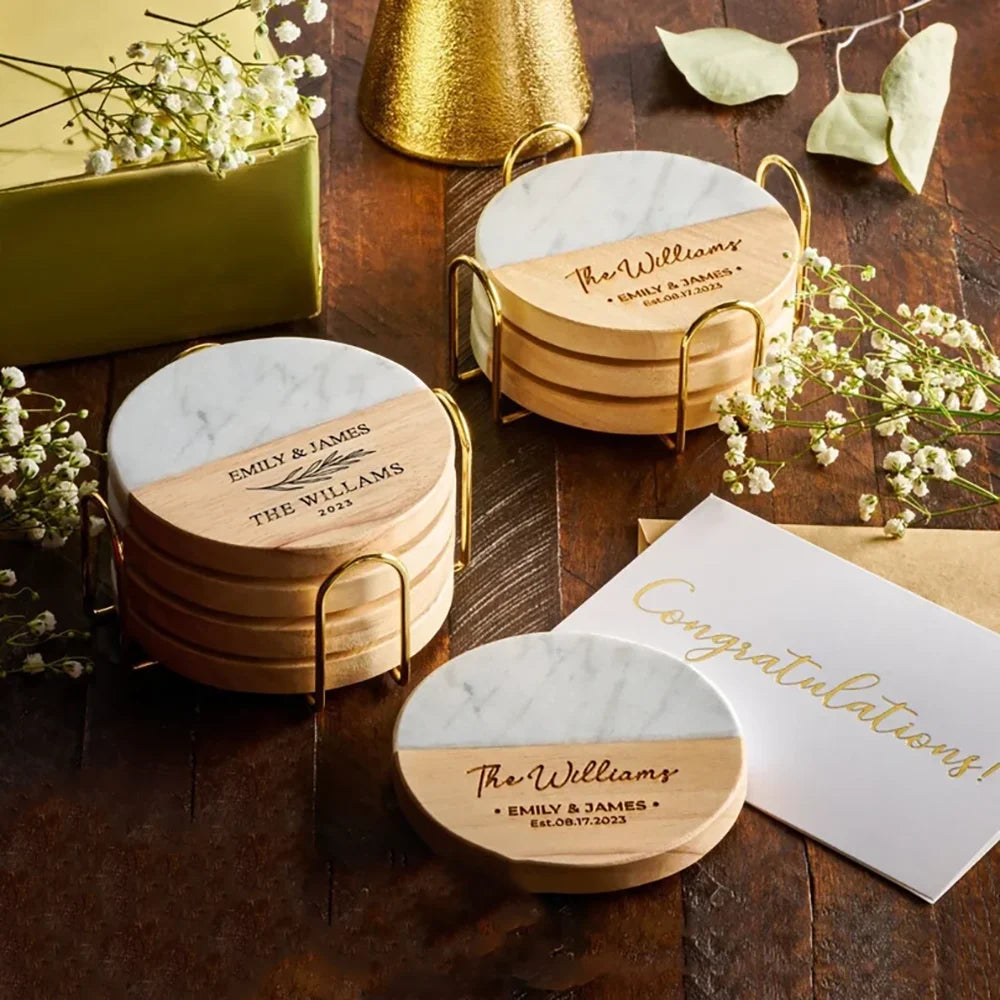 Personalized Marble & Wood Wedding Coasters | Gift for Her