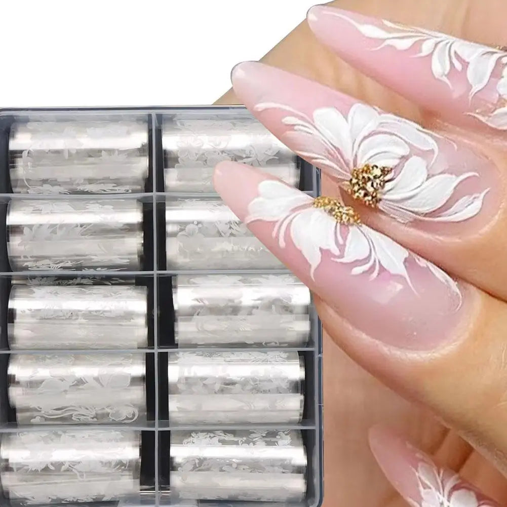 10Roll/Box Plaid/Flower Nail Foil Transfer Stickers for Nail Art Self-Adhesive Nail Decals Foil Paper Decals Nail Supplies Decor Peaceful Pleasures Health and Wellness