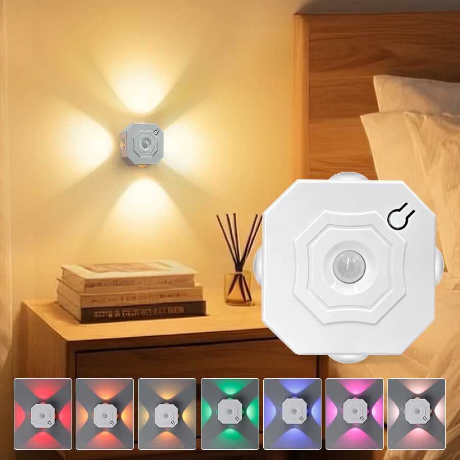 RGB 4-Headed Night Light Motion Sensor Magnetic Rechargeable Wall Lamp for Bedroom Cabinet Closet Hallway Stairs Room Decoration Peaceful Pleasures Health and Wellness