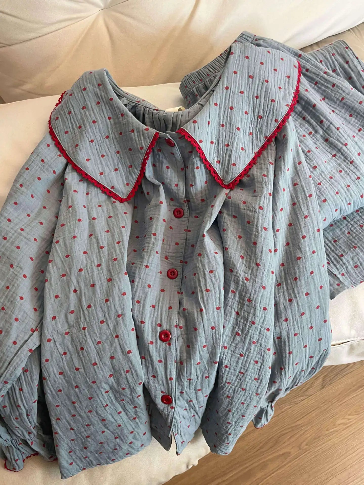 New Korean Style Cute Polka Dot Baby Doll Collar Pajamas Autumn Cloud Cotton Loose Long Sleeves Student Dormitory Home Wear Set Peaceful Pleasures Health and Wellness