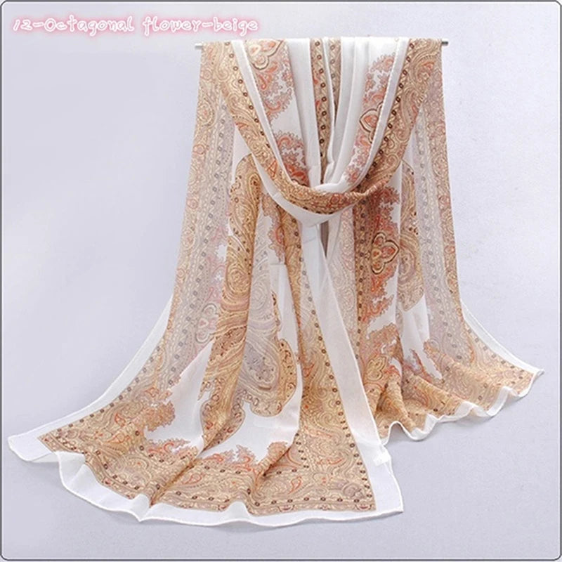 Women Chiffon Scarf Fashion Leisure Butterflies Branch Pattern Long Shawl Versatile Elegant Minimalist Retro Female Scarves Peaceful Pleasures Health and Wellness Octagonal Beige One Size