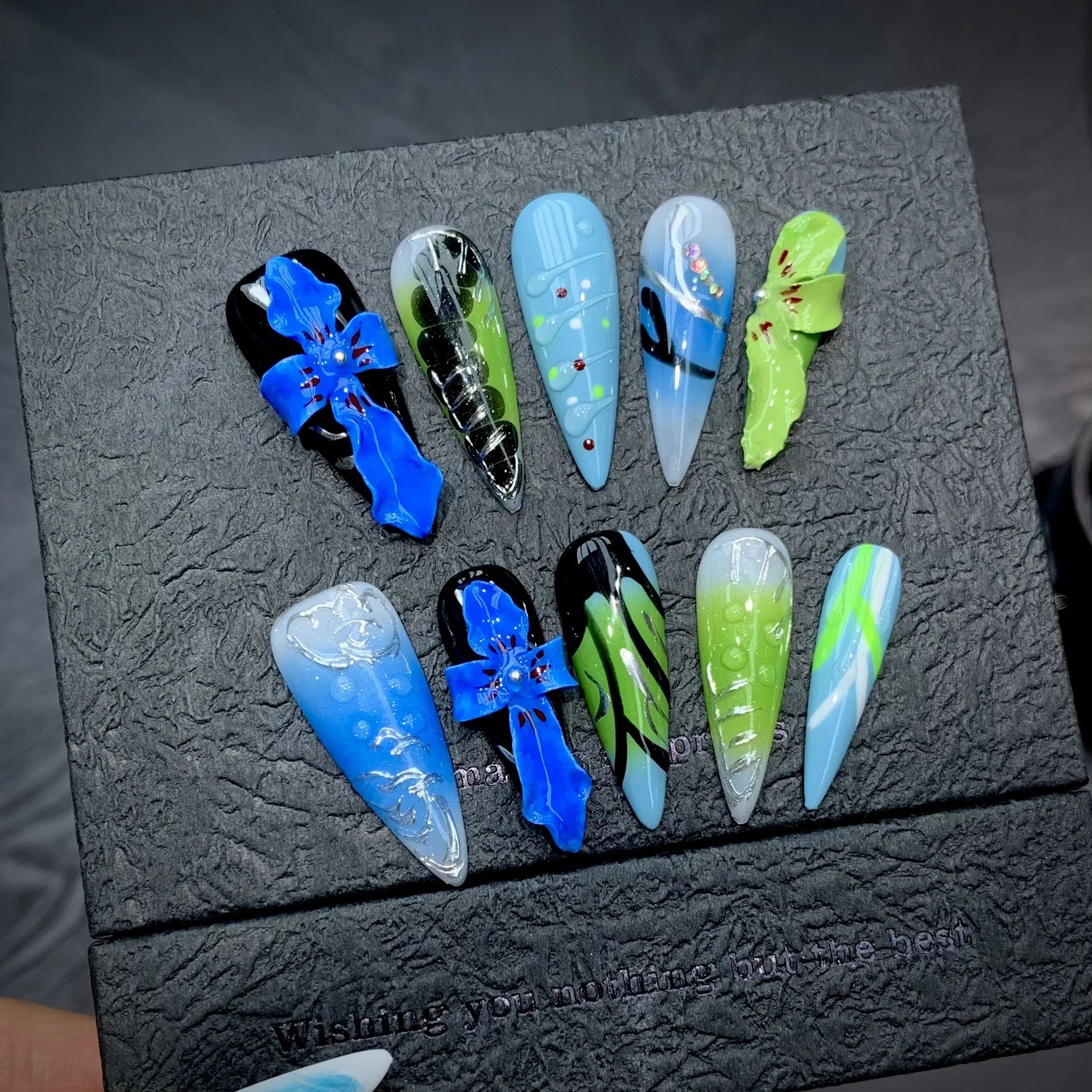 10pcs Handmade Press on Nails Summer 3D Tropical Flower Fake Nails Wearable Detachable Colorful Long Pointed False Nail Tips Peaceful Pleasures Health and Wellness L