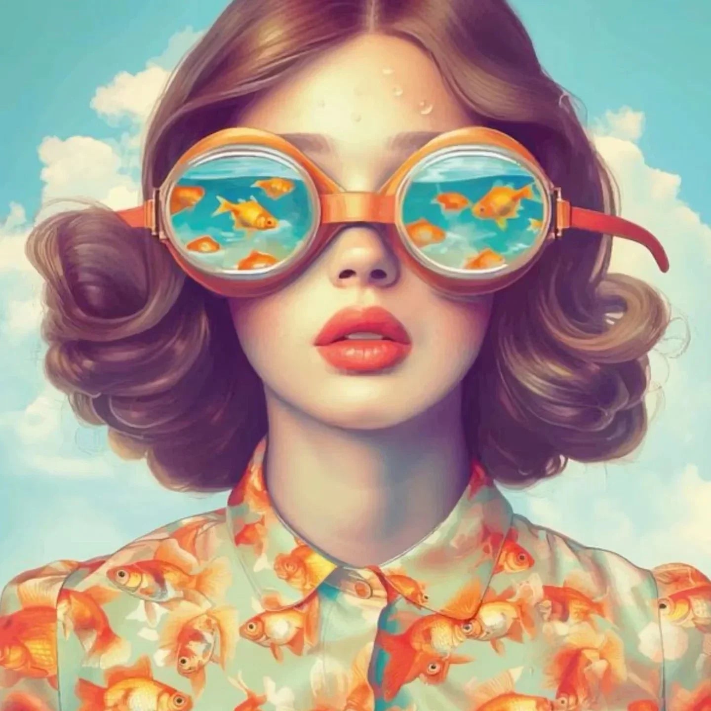 Surrealism Woman & Fish Canvas Wall Art | Fantasy Portrait Print