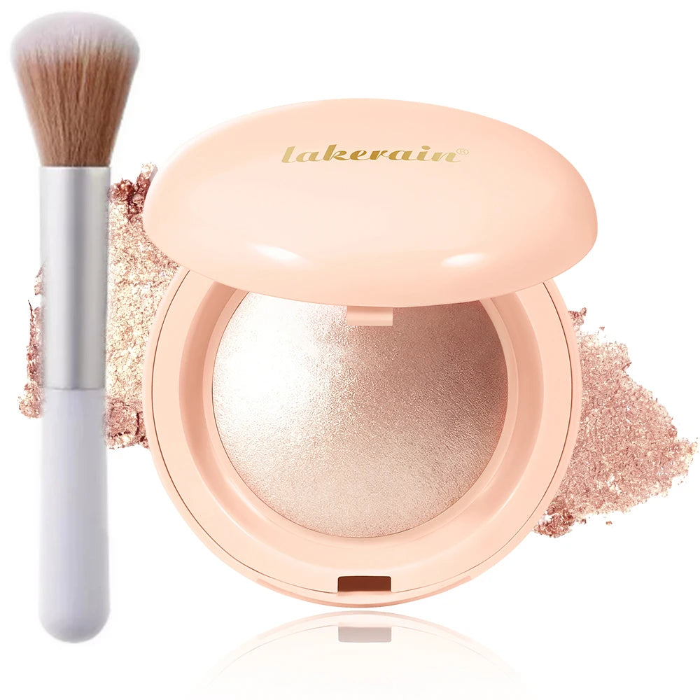 Baked Shimmer Highlighter Powder With Brush Waterproof Long Lasting Face Glow Illuminator Natural Contouring Glitter Makeup Peaceful Pleasures Health and Wellness 3Rose Bronze