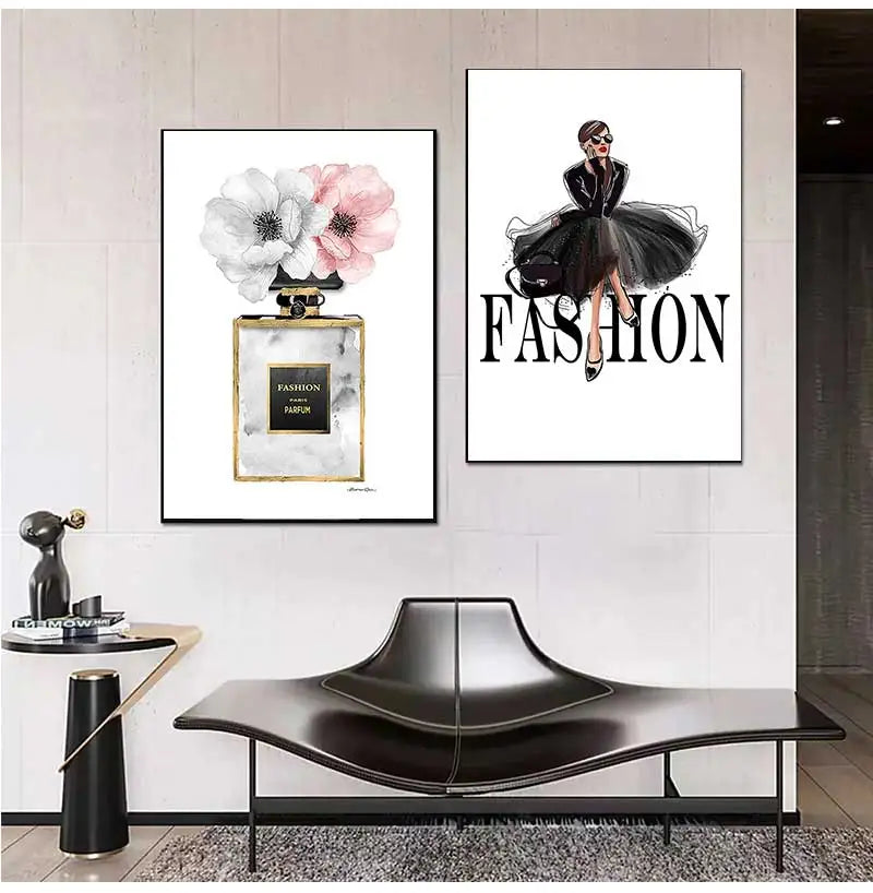 Nordic Canvas Wall Art – Black Dress & Perfume Flower Print Canvas Wall Art Print Peaceful Pleasures Health and Wellness
