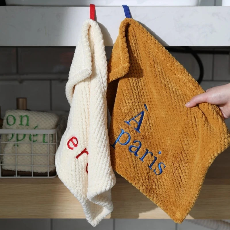 1pc Nordic Hanging Home Embroidery Design Thickened Coral Fleece Absorbent Kitchen and Bathroom Handkerchief Peaceful Pleasures Health and Wellness