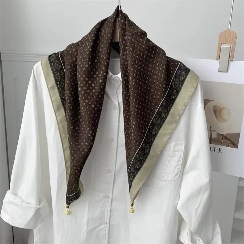 70x70 Retro Print Square Silk Scarf with Magnetic Buckle