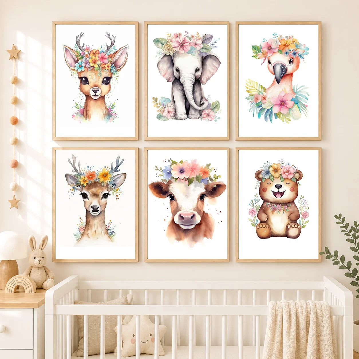Nursery Plant Flower Wall Art, Bear Deer Elephant Canvas Painting, Minimalist Animal Poster Print for Baby Kids Bedroom Decor Peaceful Pleasures Health and Wellness