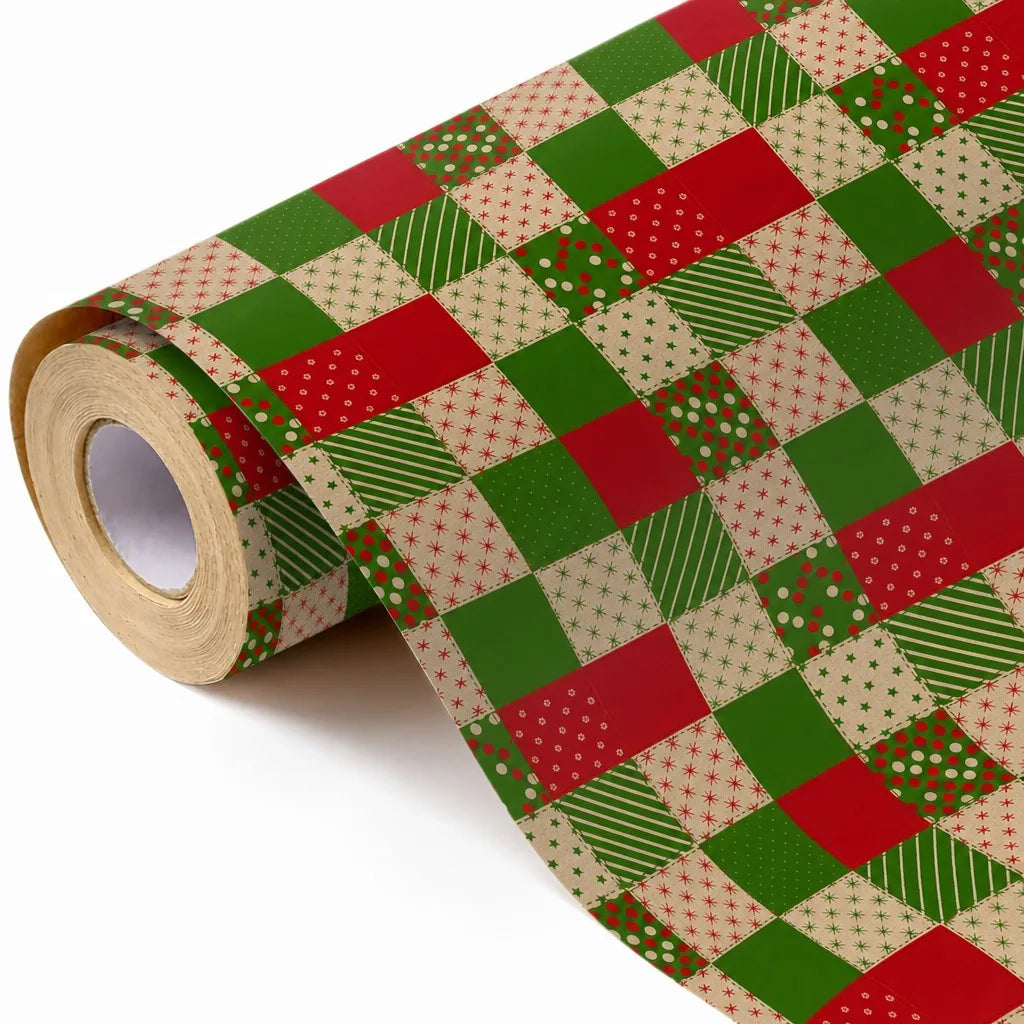 Christmas Wrapping Paper Roll Patchwork Plaid Red Green Kraft Design