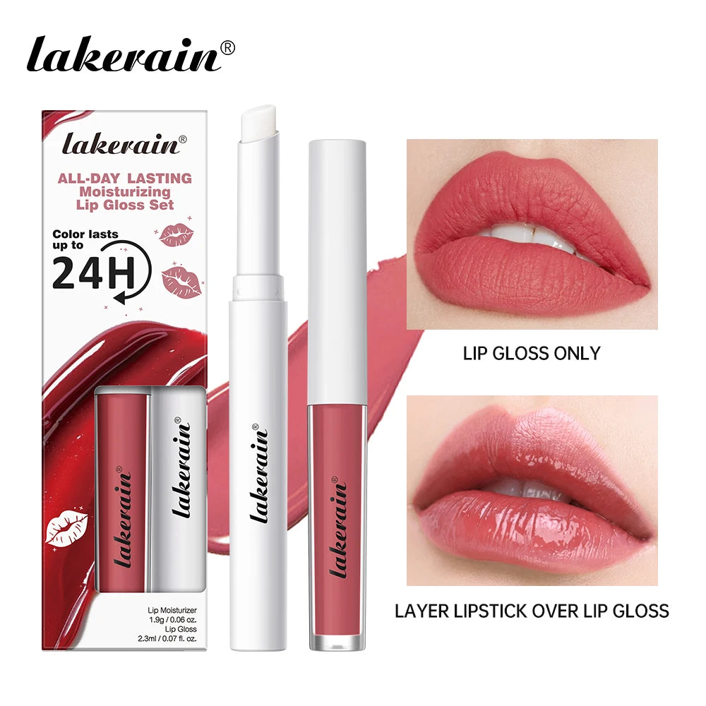 Lakerain Moisturizing Lip Gloss 2-in-1 Set Waterproof Sweat-proof Matte Topcoat Finish Long Lasting Moisturizing Smooth Lip Skin Peaceful Pleasures Health and Wellness