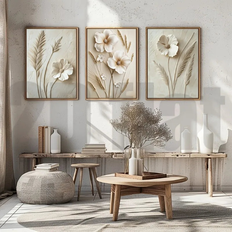 3-Panel White Flower Triptych Canvas Wall Art | Unframed Set Triptych Canvas Print Peaceful Pleasures Health and Wellness