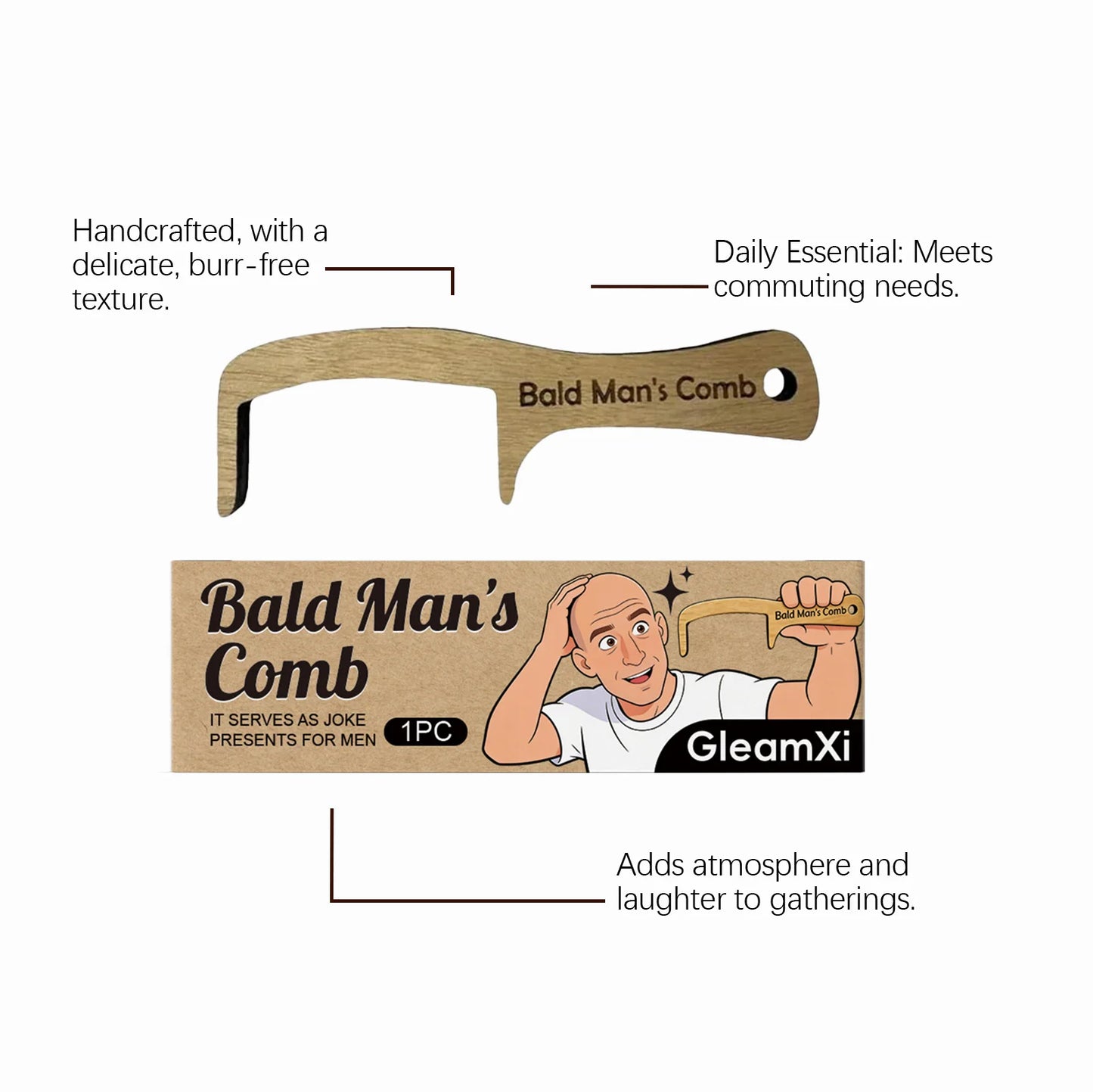 Bald Head Fun Comb – Funny Wooden Scalp Massager Gift for Men