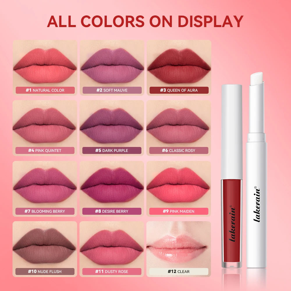 Lakerain Moisturizing Lip Gloss 2-in-1 Set Waterproof Sweat-proof Matte Topcoat Finish Long Lasting Moisturizing Smooth Lip Skin Peaceful Pleasures Health and Wellness