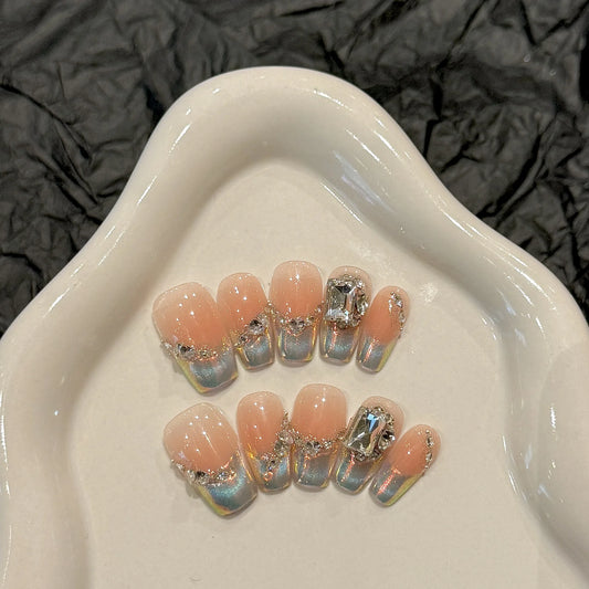 Handmade Press on Nails Aurora Blue Cat Eye French Fake Nails Full Cover Wearable Mid-length Coffin Head False Nail Patches Peaceful Pleasures Health and Wellness L