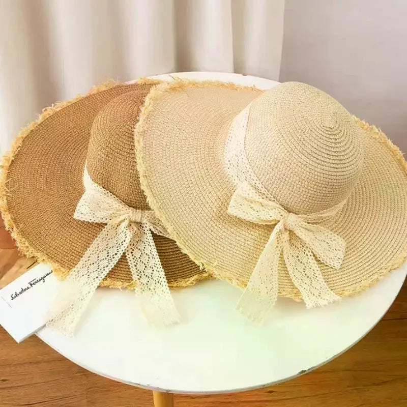 Women's Oversized Bow Straw Sun Hat – UV Protection Beach Hat