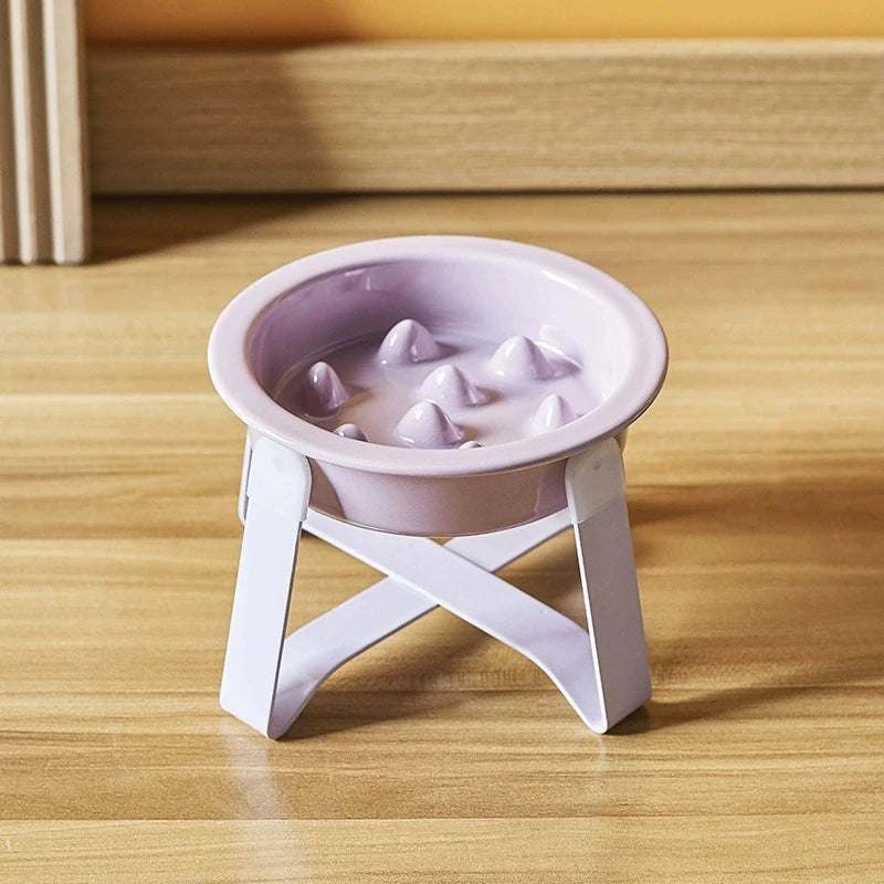 Ceramic Slow Feeder Cat Bowl with Elevated Iron Stand Elevated Cat Bowl Peaceful Pleasures Health and Wellness PURPLE