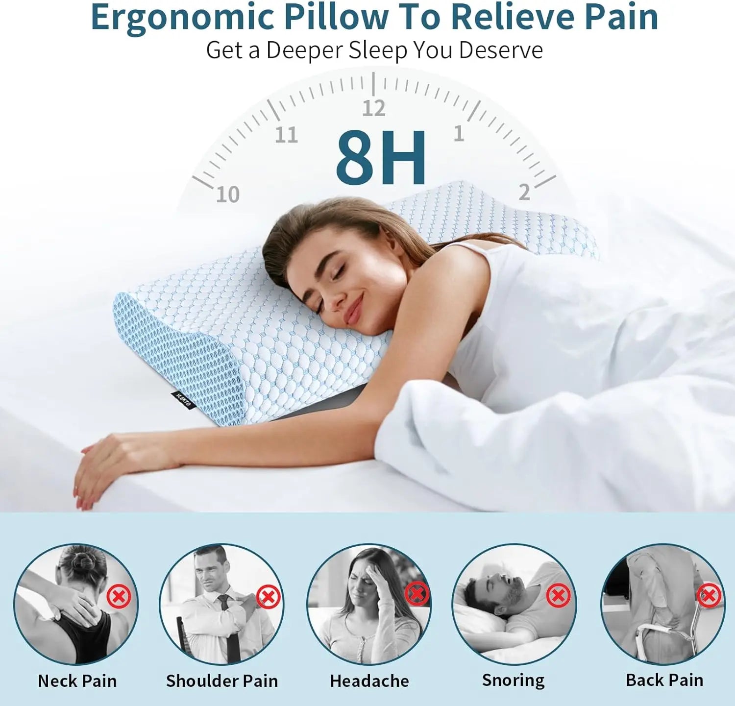Woman sleeping with an ergonomic pillow, showing benefits for various pains.
