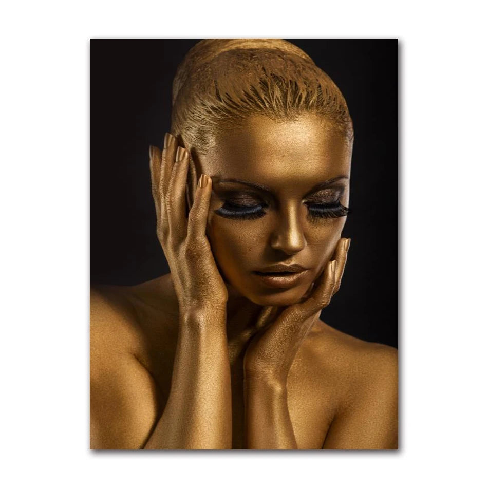 Gold Woman Oil Painting on Canvas Cuadros Posters and Prints Wall Art Picture for Living Room Sexy Nude African Black Peaceful Pleasures Health and Wellness 2874-06 50x70cm Unframed