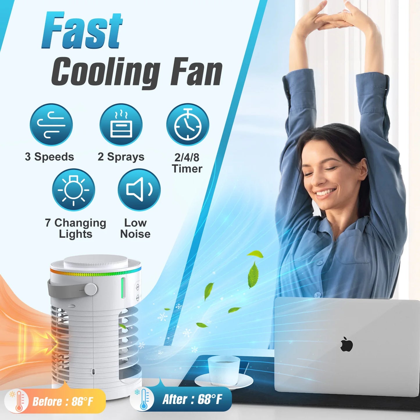 Portable Air Cooler Fan 7 Color LED Light Personal Office Desk Cooling Fans USB Ice Wind Air Conditioner Fan for Bedroom Camping Peaceful Pleasures Health and Wellness